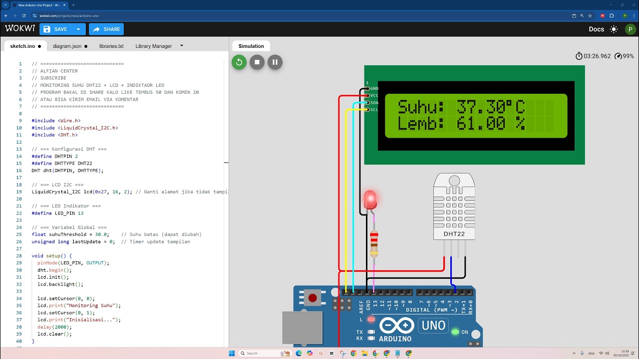Tutorial Arduino Membuat Indikator Suhu dan Kelembaban DHT22 + LCD + LED #wokwi #arduino #project