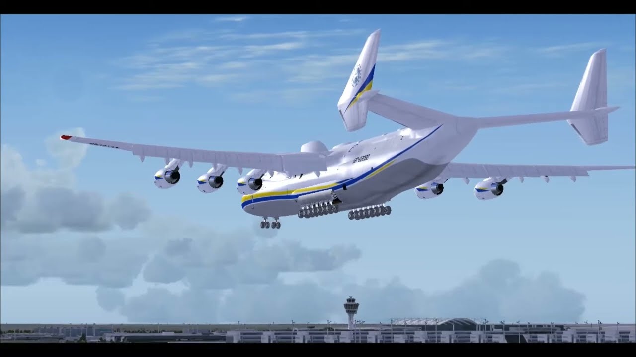 ANTONOV 225 INTERNATIONAL CARGO TRANSPORTER LANDING AT MUNICH INT AIRPORT FS9 HD