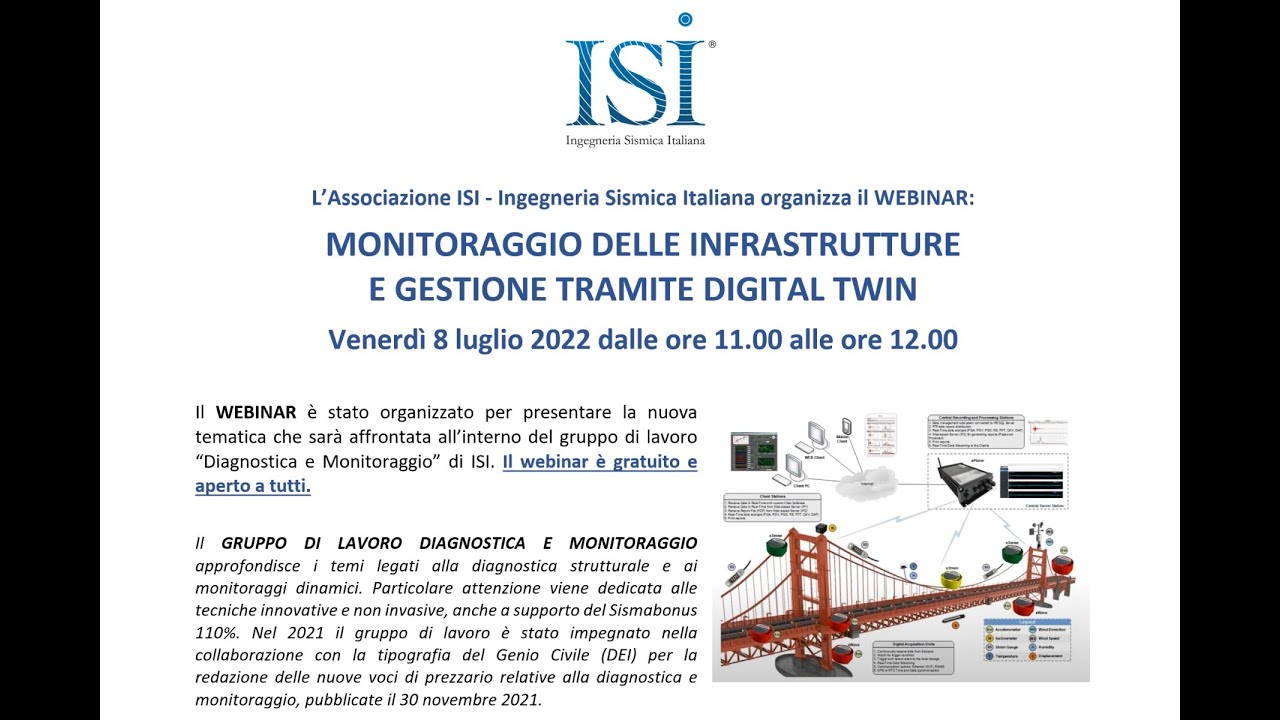WEBINAR ISI dell'8 luglio 2022: Monitoraggio delle infrastrutture e gestione tramite digital twin