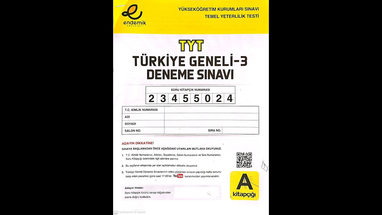 ENDEMİK YAYINLARI 3 NOLU TÜRKİYE GENELİ TYT DENEME SINAVI SORU ÇÖZÜMLERİ 07.05.2024