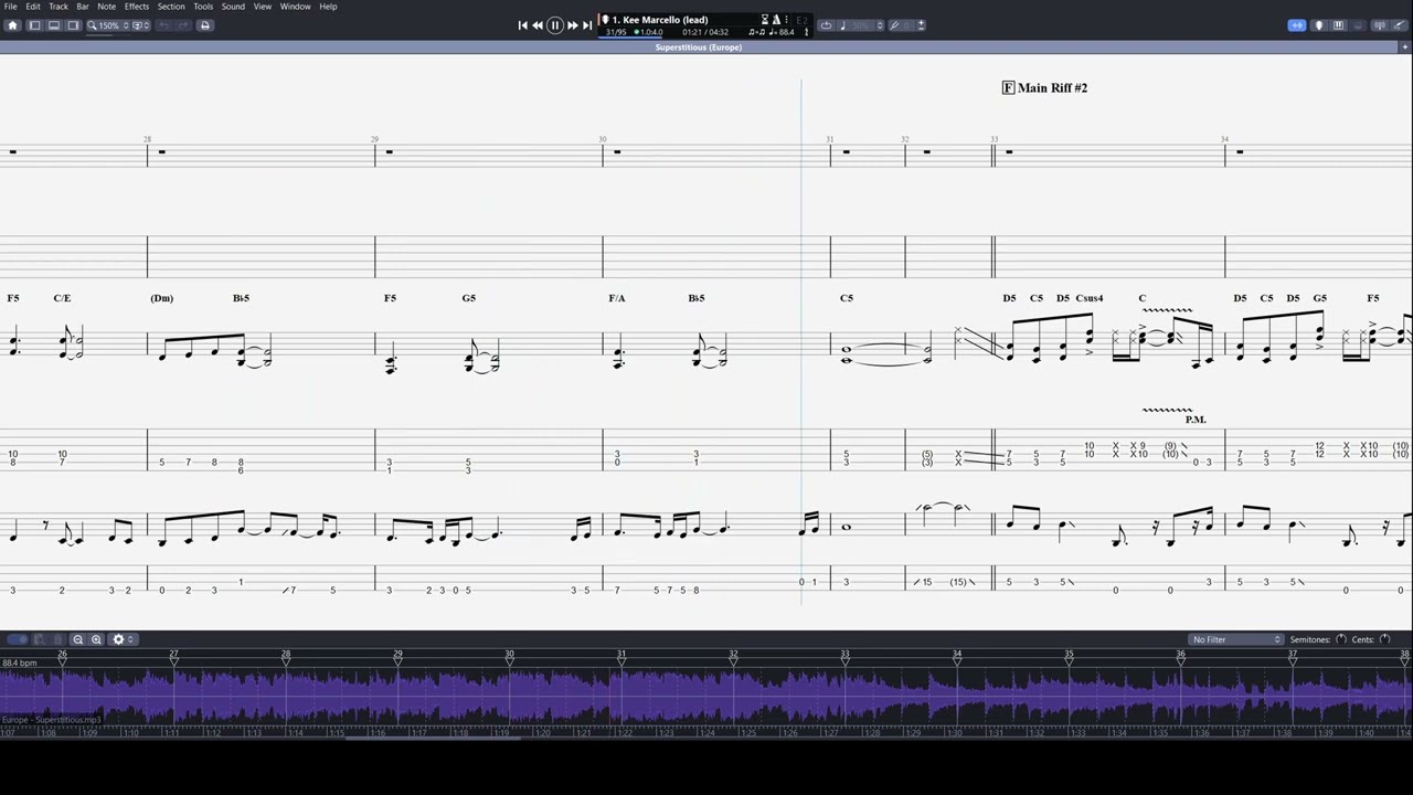 Superstitious (Europe) sync'd guitar & bass transcription with on-screen notation/tab