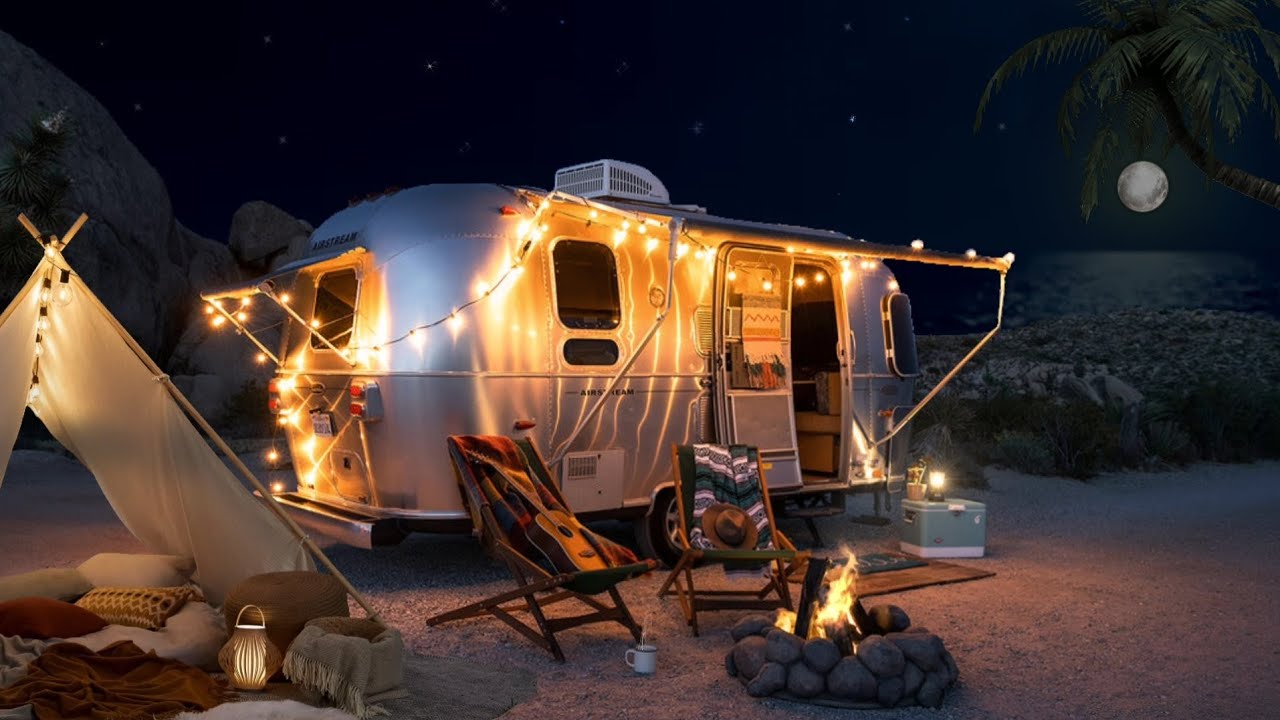 Van camping by sea 🌊 | beach ambience | waves, breeze and fire crackling sounds