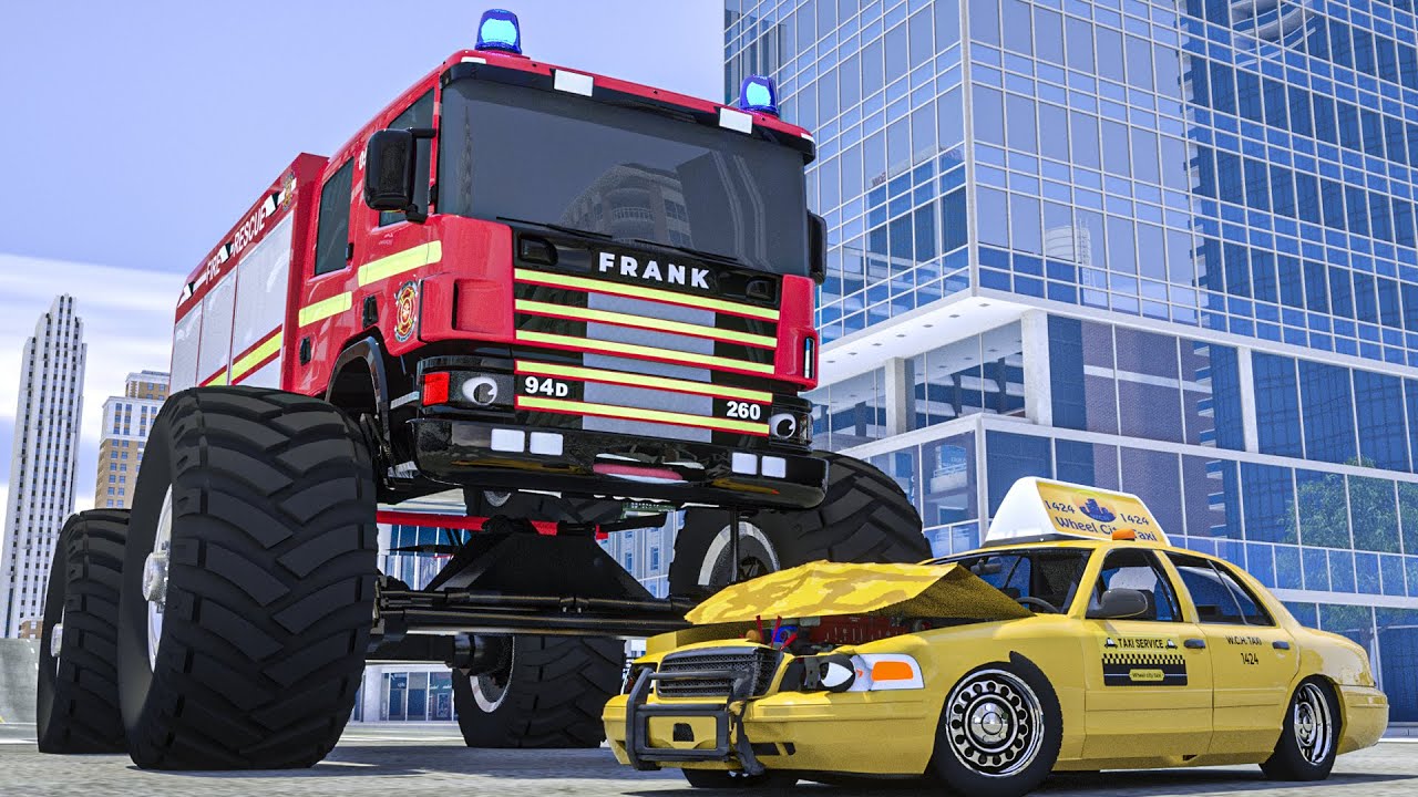 Monster Truck Blows Fire Truck's Tyre and helped Taxi Cab in Accident