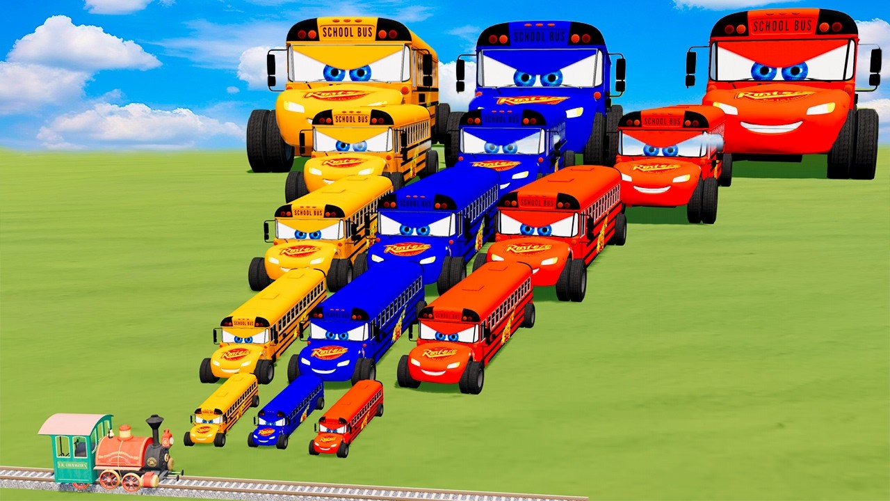 Big & Small ColorS Monster Bus Lightning McQueen VS Trains | BeamNG.drive