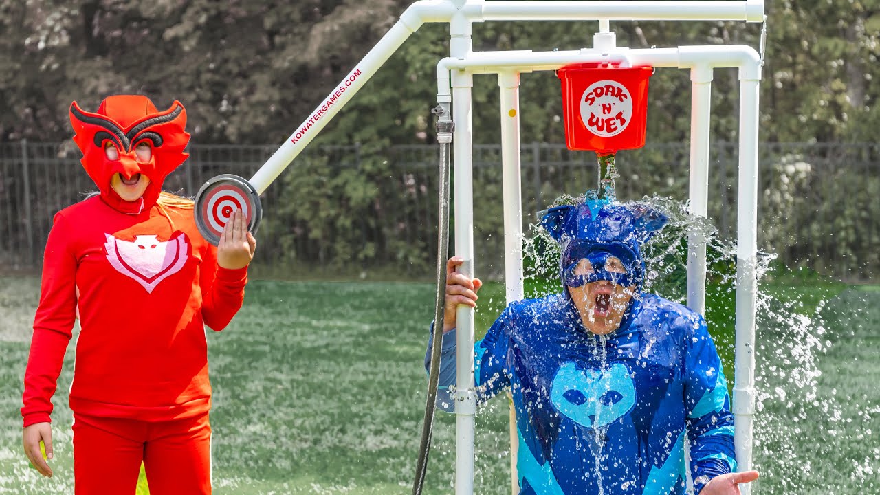 Assistant as PJ Masks Owlette Has Dunk Tank Fun with Catboy and Gekko