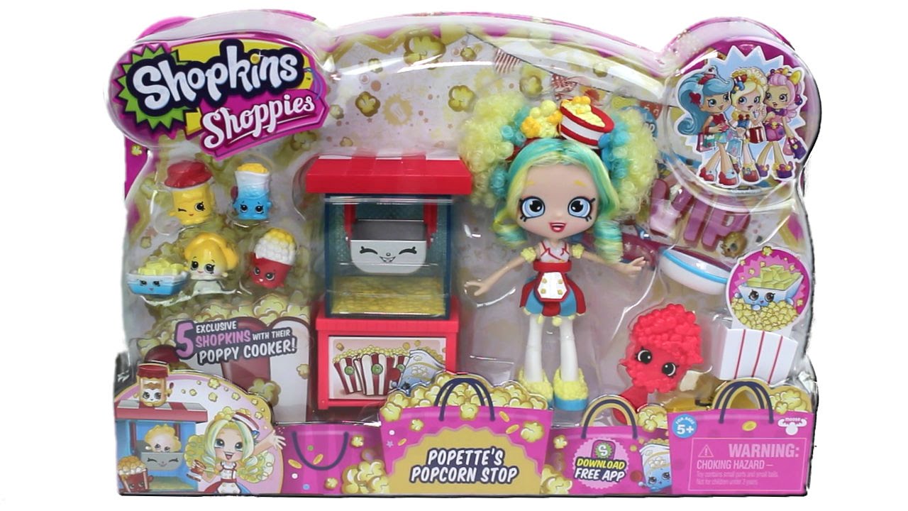 Shopkins Shoppies Doll Set Popette's Popcorn Stop Unboxing Review with 5 Exclusive Shopkins