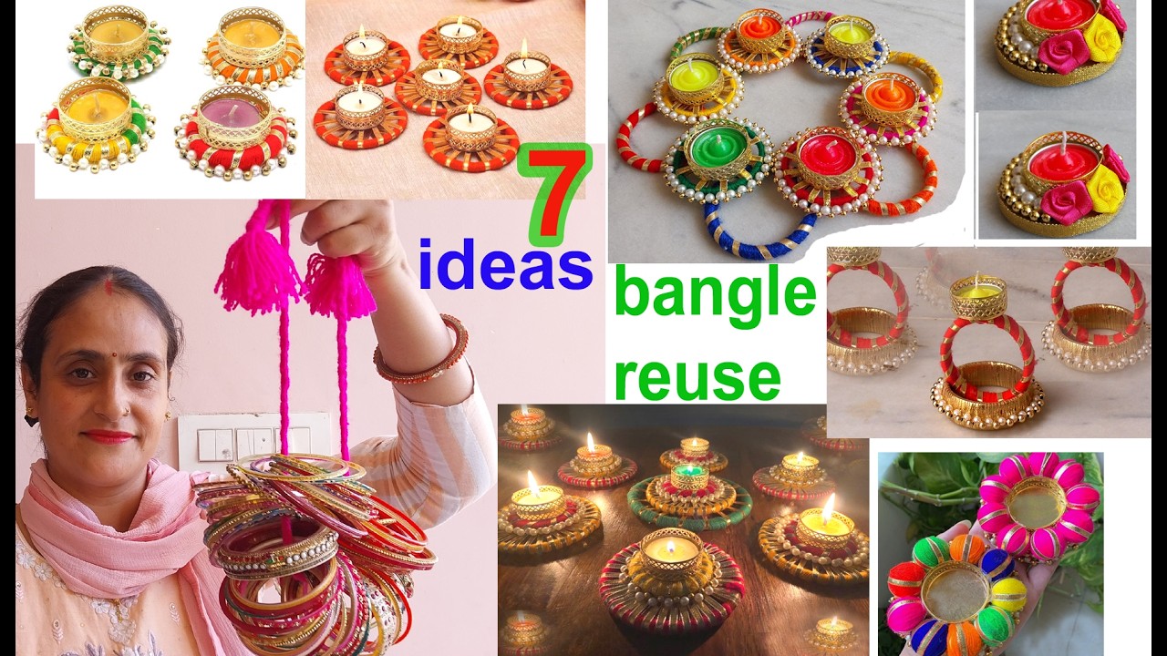 7 ideas - पुरानी चूड़ियों के नए ideas- waste material craft ideas / Diwali decoration ideas / bangle