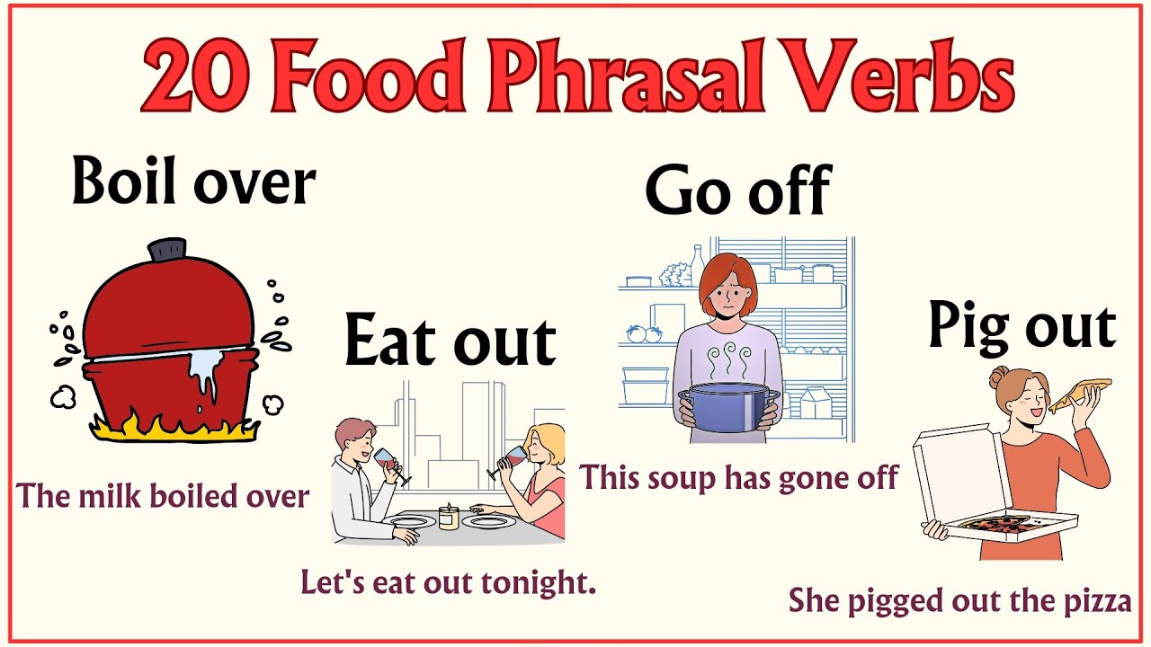 Lesson 52: Food related Phrasal Verbs; Boil over, Fry up, Cut off, Dig in, Whip in, Top up #english