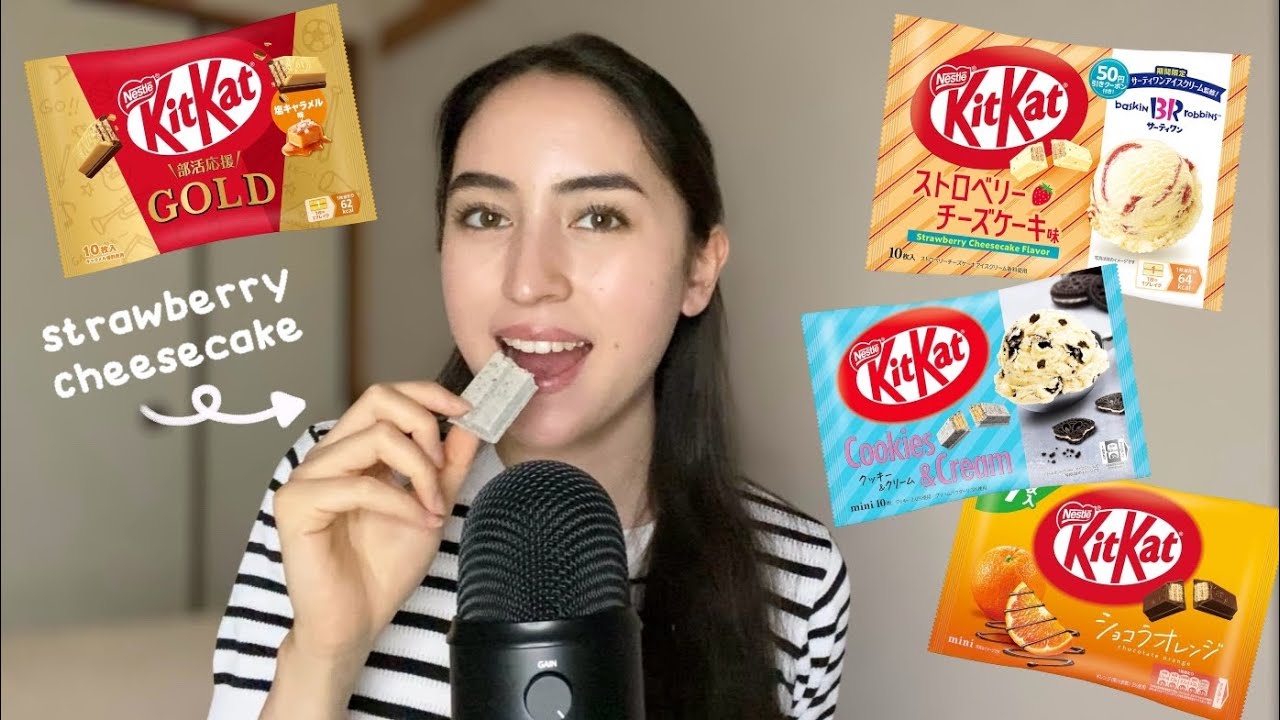 ASMR-дегустация KitKat 🍫 | Соленая карамель, чизкейк, печенье с кремом, апельсин (хрустящие звуки)