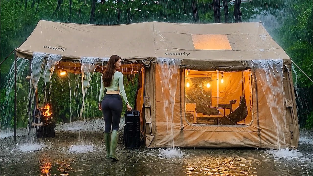 🌟ОДИНОЧНЫЙ КЕМПИНГ ПОД ДОЖДЕМ, соединив надувную палатку и брезент ☔Идеальная установка для кемпинга