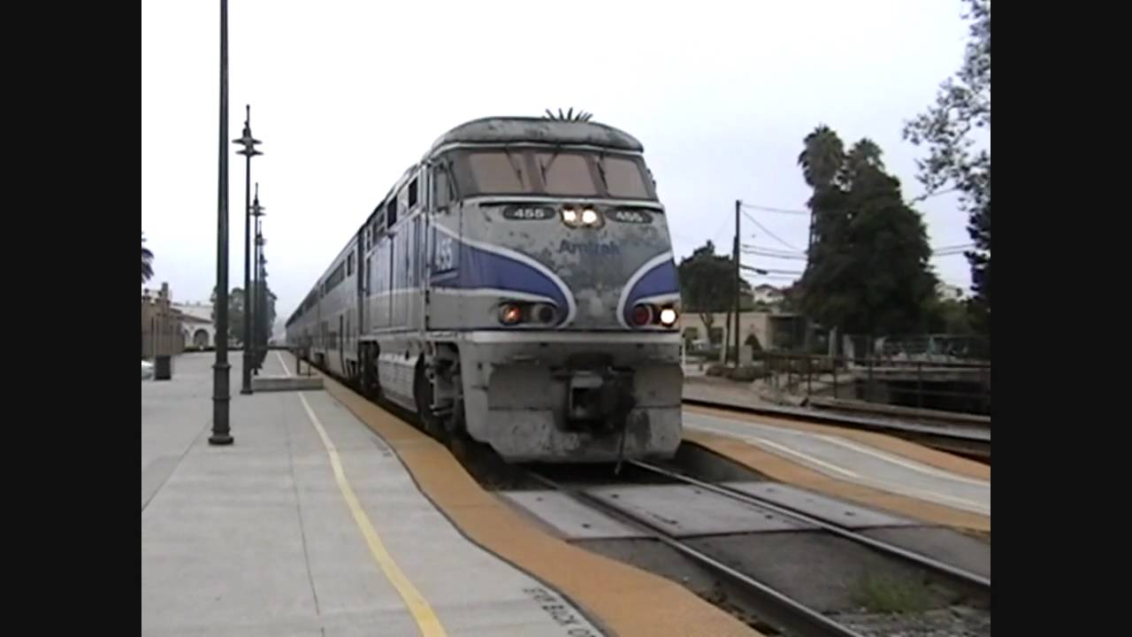 Dirty-nose Amtrak F59PHI 455 Awesome K5LA on 763 Meets an UP Manifest with an SD60M In Santa Barbara