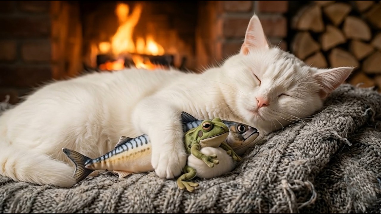 Sleepy Purring Cat Hugging a Plush Toy by the Fireplace 🐈🔥 | Crackling Fire & Purring for Deep Sleep