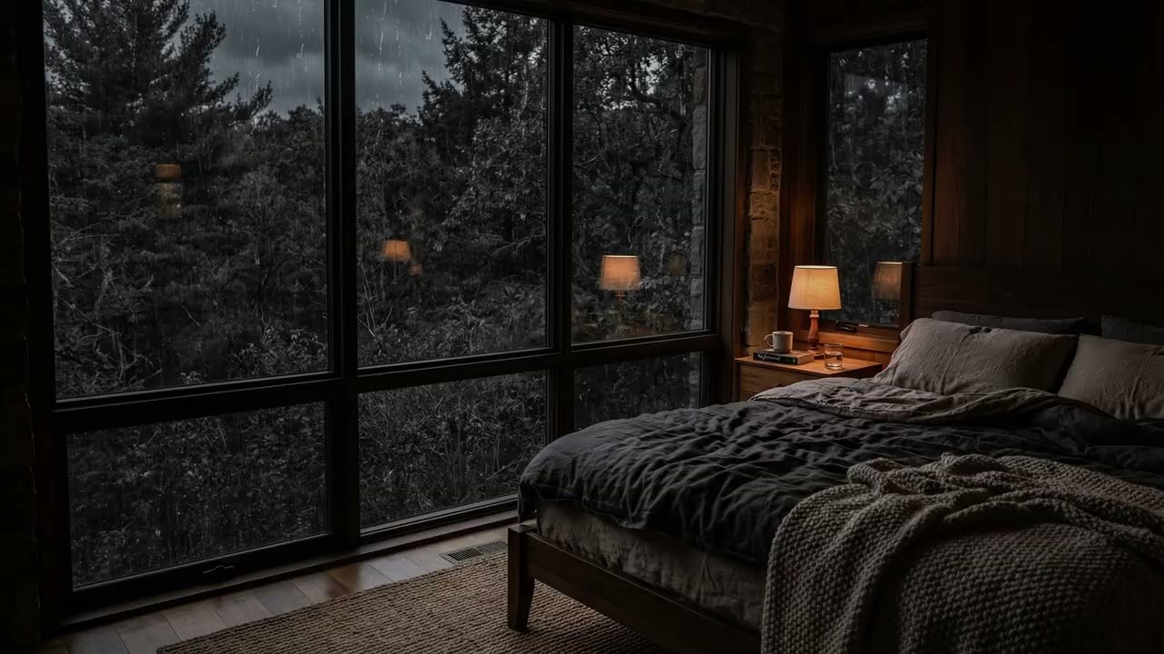 A Gentle Forest Downpour Seen From A Quiet Bedroom Window Wrapped In Silence
