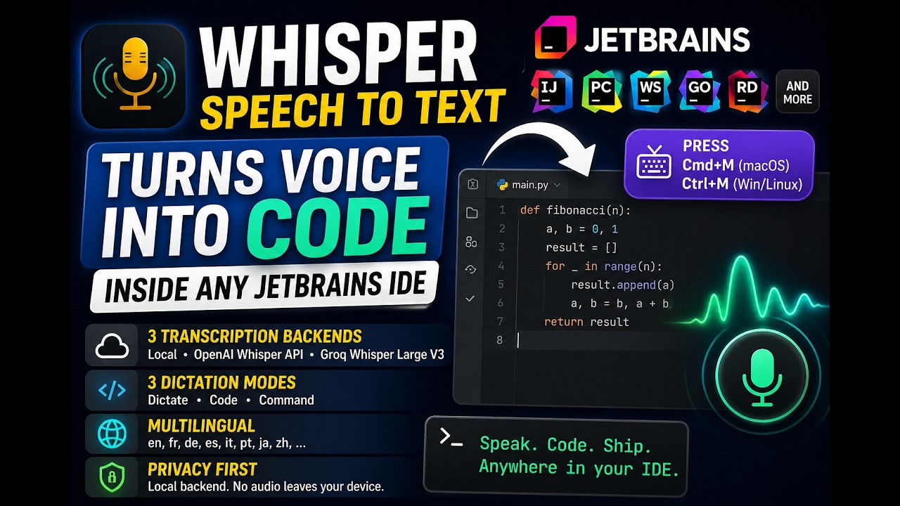Whisper Speech to Text &mdash; Voice Dictation for JetBrains IDEs (free, offline)