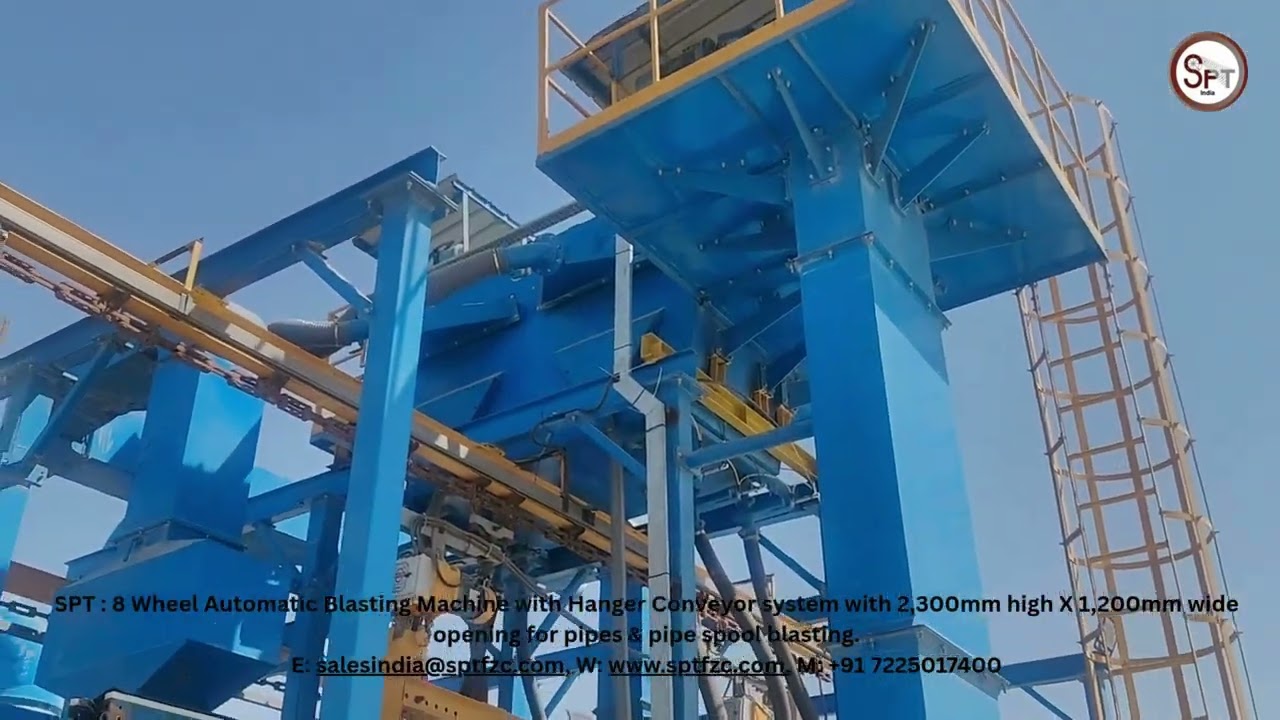 8 Wheel Blasting Machine with Hanger Conveyor system with 2,300mm High X 1,200mm Wide.