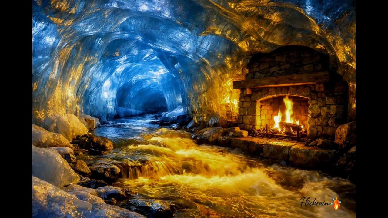 ❄️ Secret Ice Cave Fireplace | 10 Hours of Deep Sleep River Sounds & Warm Glow