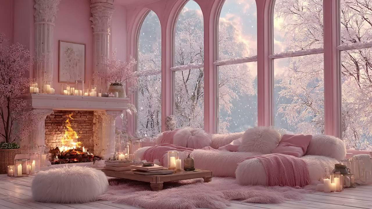 Romantic Winter Evening by the Lake – Soft Piano, Gentle Snowfall and Warm Fireplace Ambience