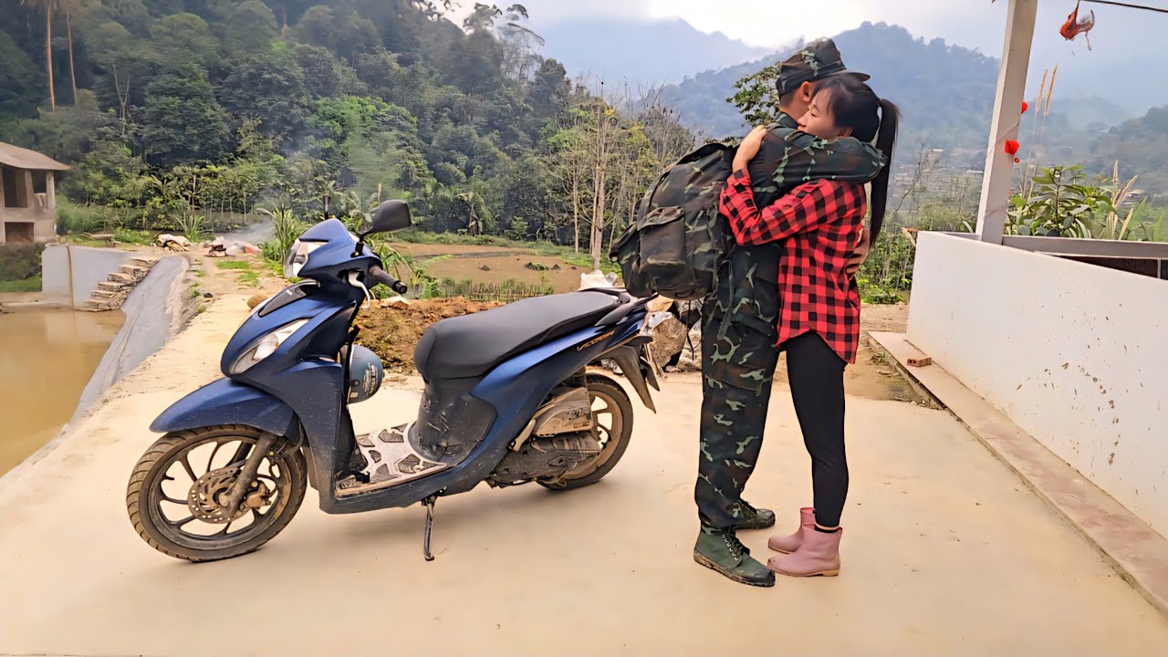 The girl temporarily parted ways with the soldier, and he gave her a motorbike as a gift.