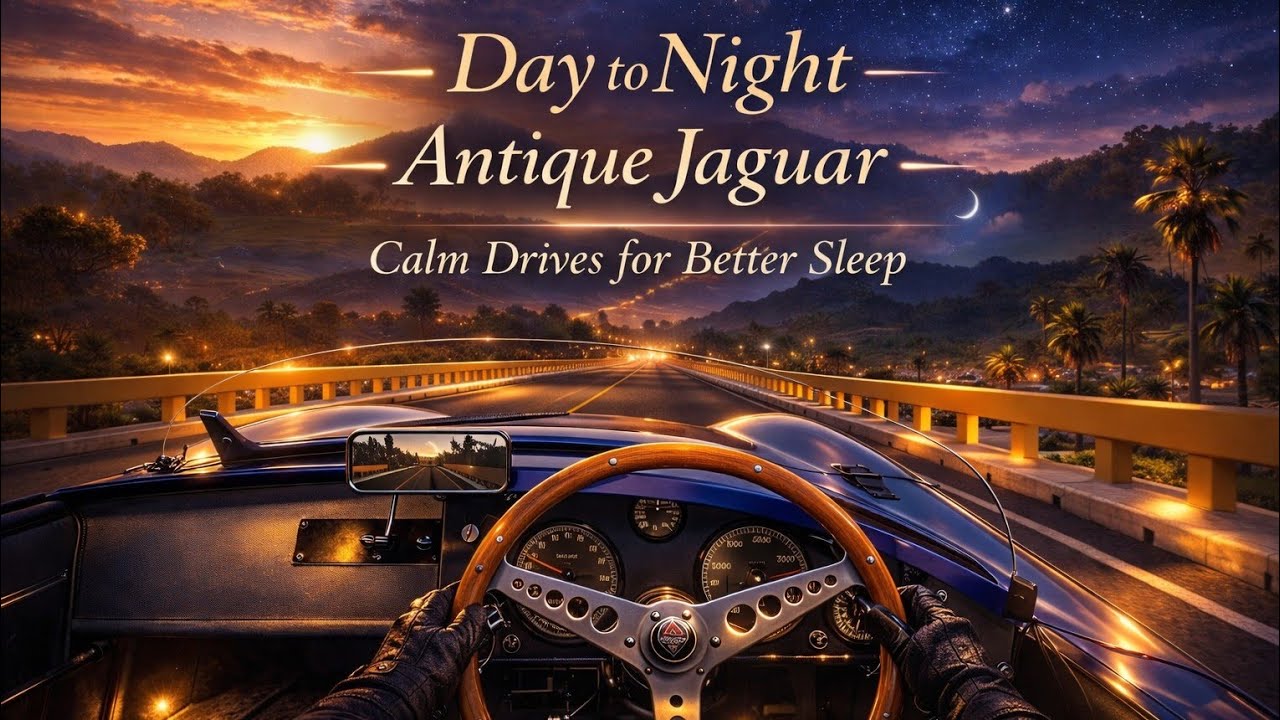 Day to Night Drive – Antique Jaguar – Gentle Road Sounds (1 Hour)