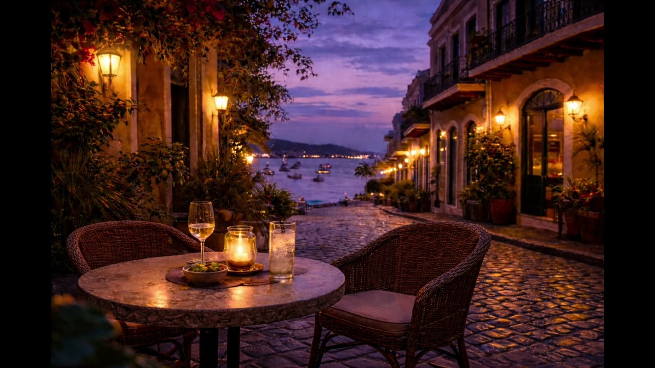 Caribbean Harbour Café at Sunset | Latin Ambient Soundscape (Bahía Celeste)