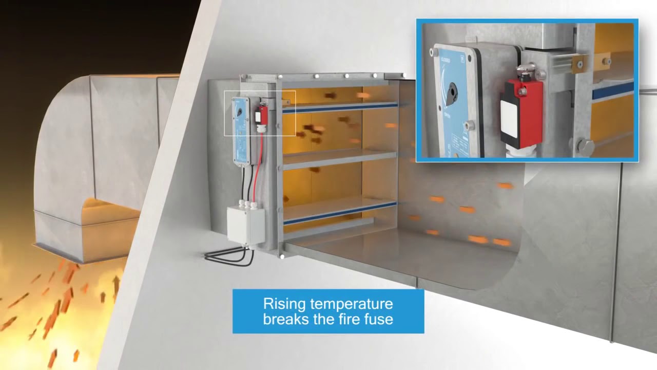 Fire damper working in case of fire, (fire damper testing working animation)