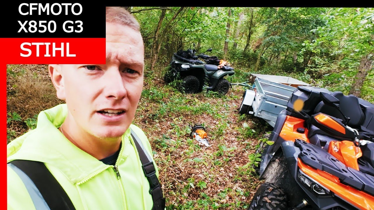 🔥Čtyřkolka CFMOTO X850 A X520 tahájí dříví z lesa, motorová pila STIHL MS231🔥