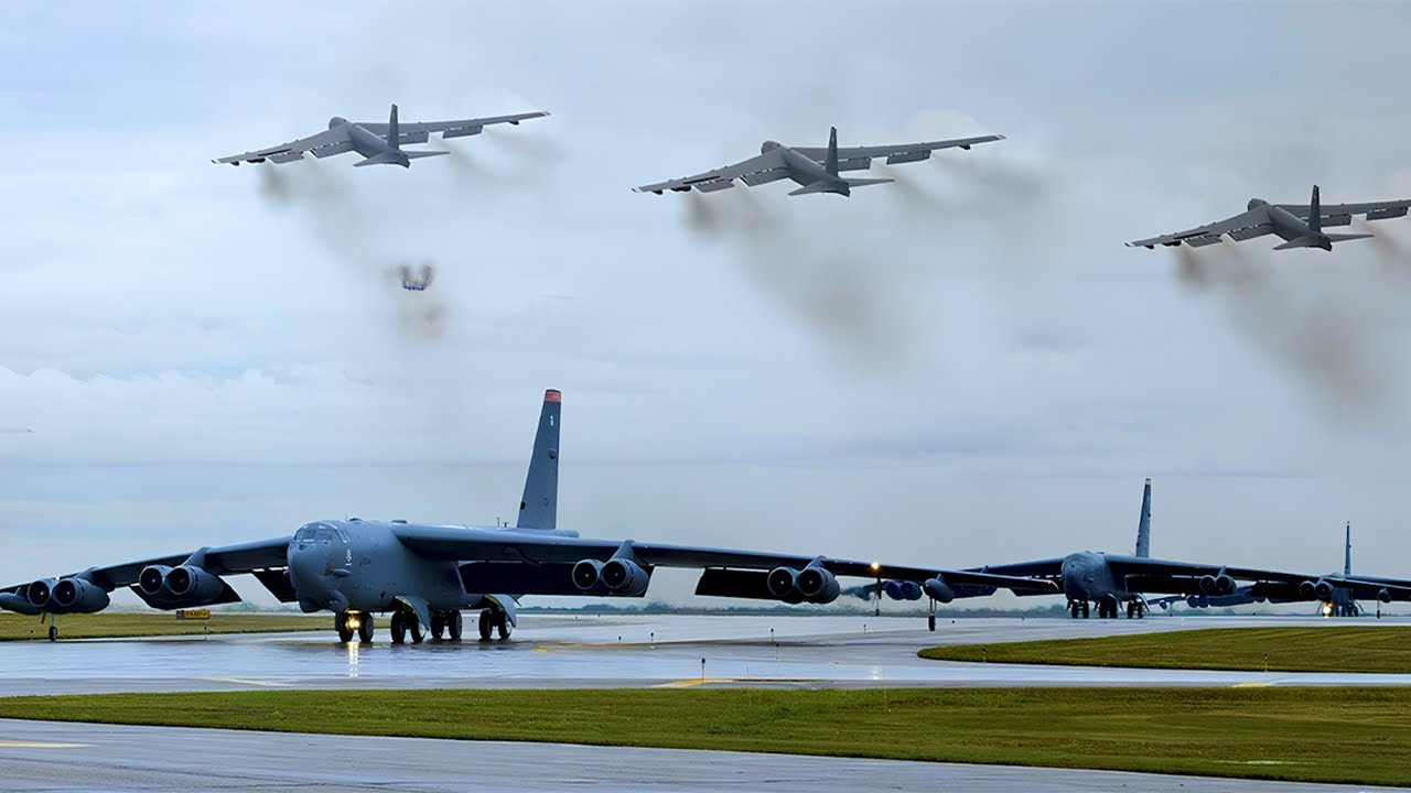 US Air Force B-52 Bomber Mass Takeoff at Full Throttle