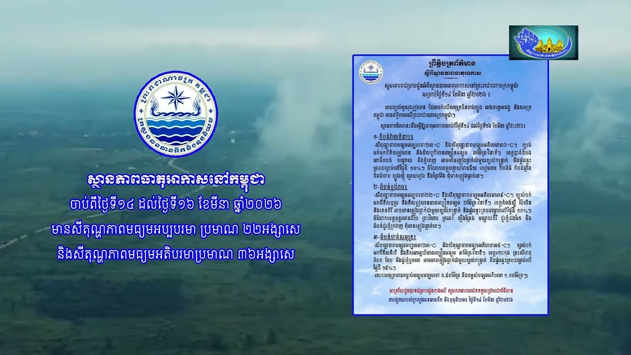 ស្ថានភាពធាតុអាកាសនៅកម្ពុជា ចាប់ពីថ្ងៃទី១៤ ដល់ថ្ងៃទី១៦ ខែមីនា ឆ្នាំ២០២៦ សីតុណ្ហភាពមធ្យមអប្បបរមា ២២