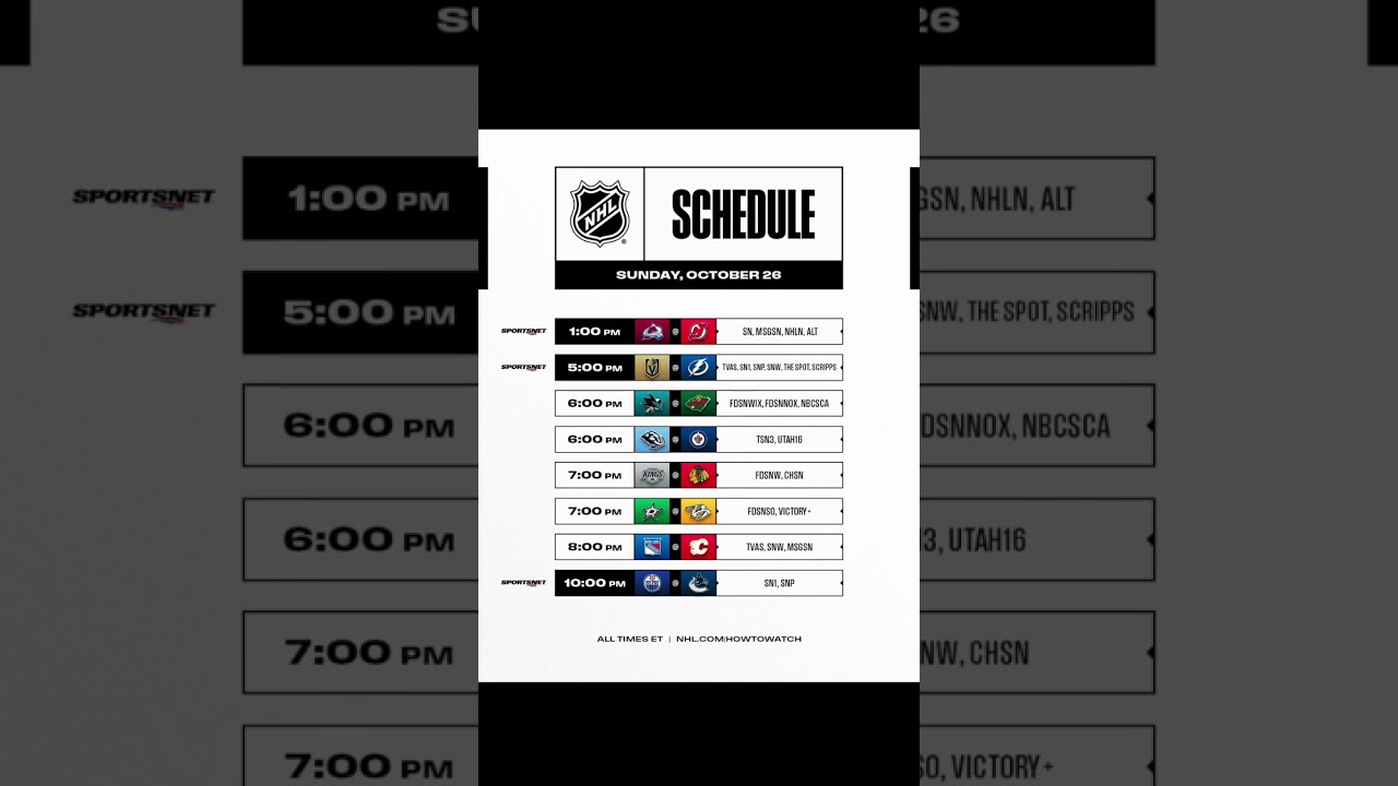 NHL schedule of games for October 26 ￼