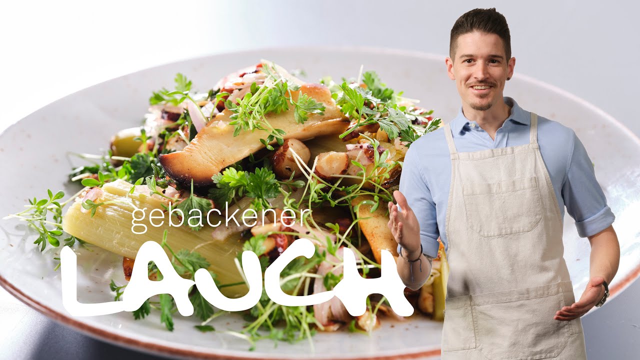 Gebackener Lauch mit Haselnuss-Vinaigrette, Kräuterseitlingen und Kerbel