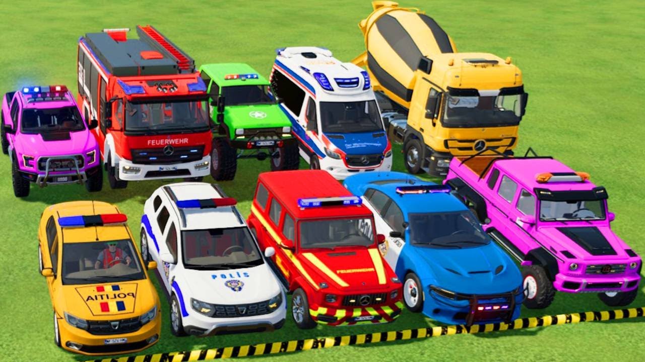 TRANSPORTING POLICE CARS, AMBULANCE, FIRE TRUCK, COLORFUL CARS WITH TRUCK -FARMING SIMULATOR 22!