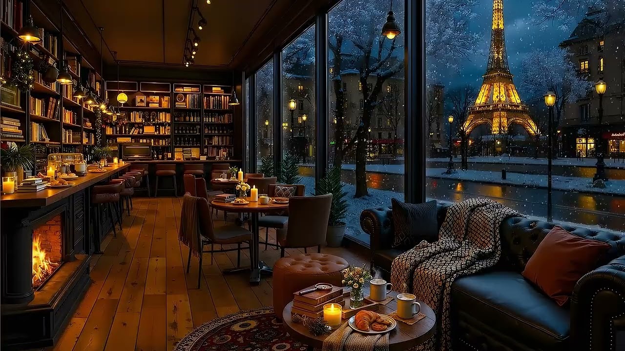 Cozy Winter Cafe Ambience in Paris ☕ Relaxing Jazz Music & Gentle Rain for Calm, Stress Relief