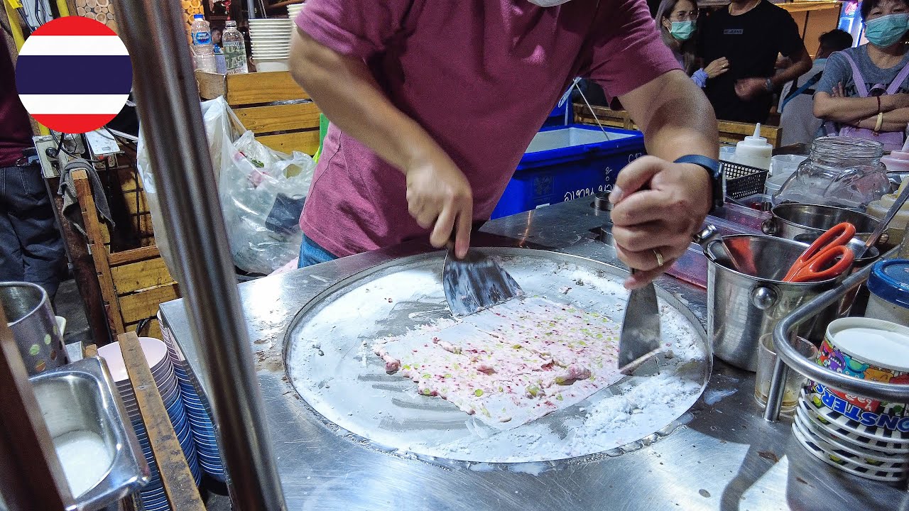 Мороженое Rolls Супер быстрые навыки! Уличная еда на ночном рынке Jodd Fairs в Бангкоке, Таиланд