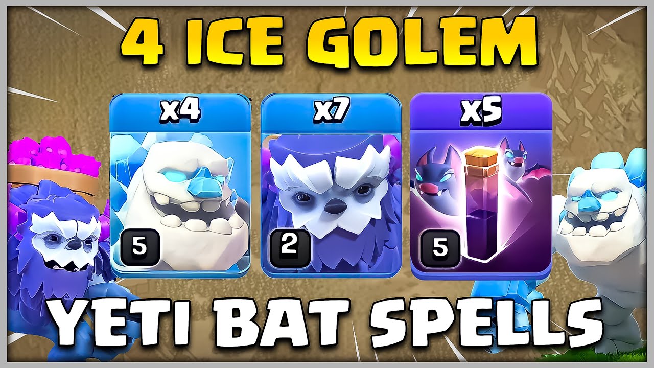 USE NOW EASY TH12 ATTACK!! TH12 - 4 Ice Golem Yeti With Bat Spells Attack (Clash of Clans)