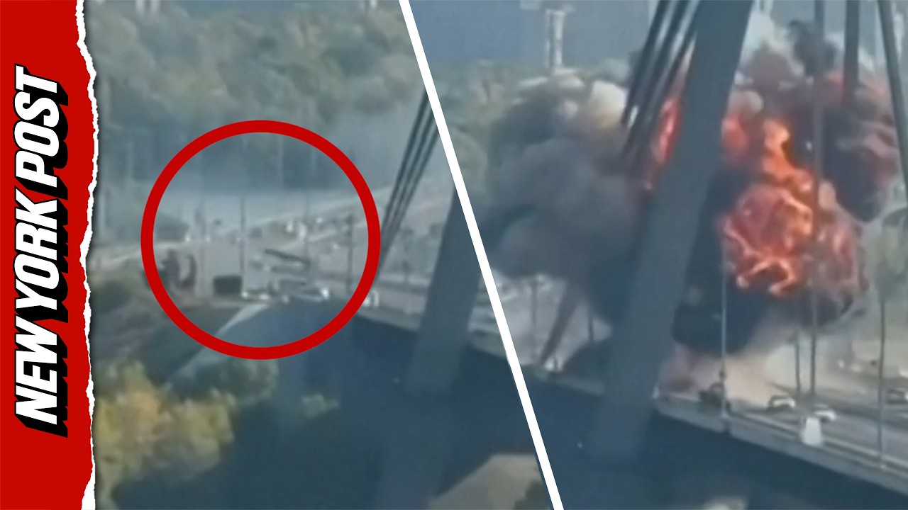 Eyewitness Video Captures Russian Drone Catastrophically Hitting Kyiv Bridge