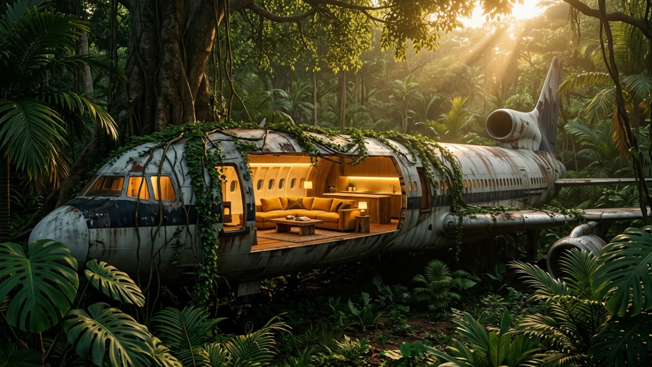 Man Turns Abandoned Airplane Boeing 737 Wreck Into a Modern Cliffside Home | Forest Solo ASMR Build