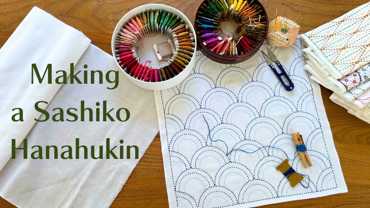 Making a Sashiko Hanahukin with Sarashi. Drawing and stitching Seigaiha