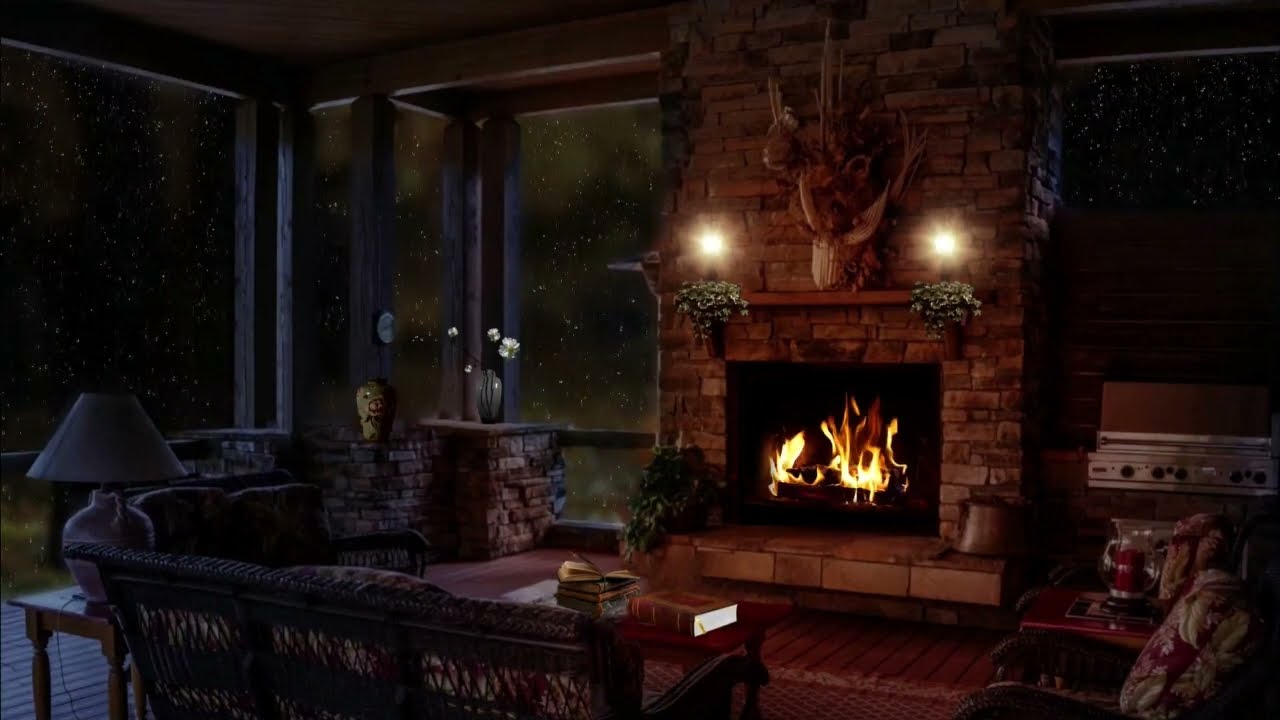 Cozy Livingroom with Crackling fire sounds / Rain sounds for sleeping, studying or relaxing.