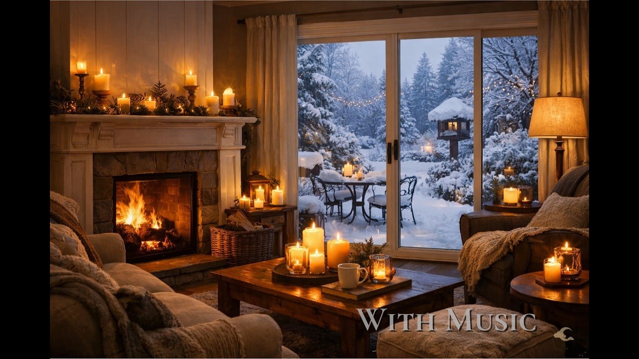 Cozy Winter Fireplace Ambience with Music, Snowy Window, Candlelight & Relaxing Atmosphere (6HR)