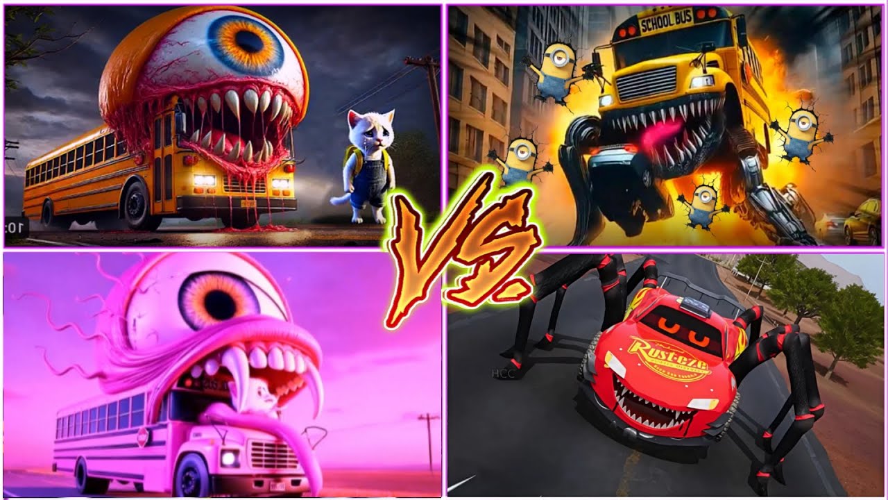 School Bus Monster🆚Funny Minions🆚Infected Bus🆚MCqueen Spider 2🎶 Tiles hop EDM Rush 🎶
