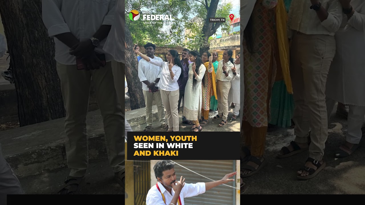 TVK supporters at Trichy East constituency wearing white, khaki