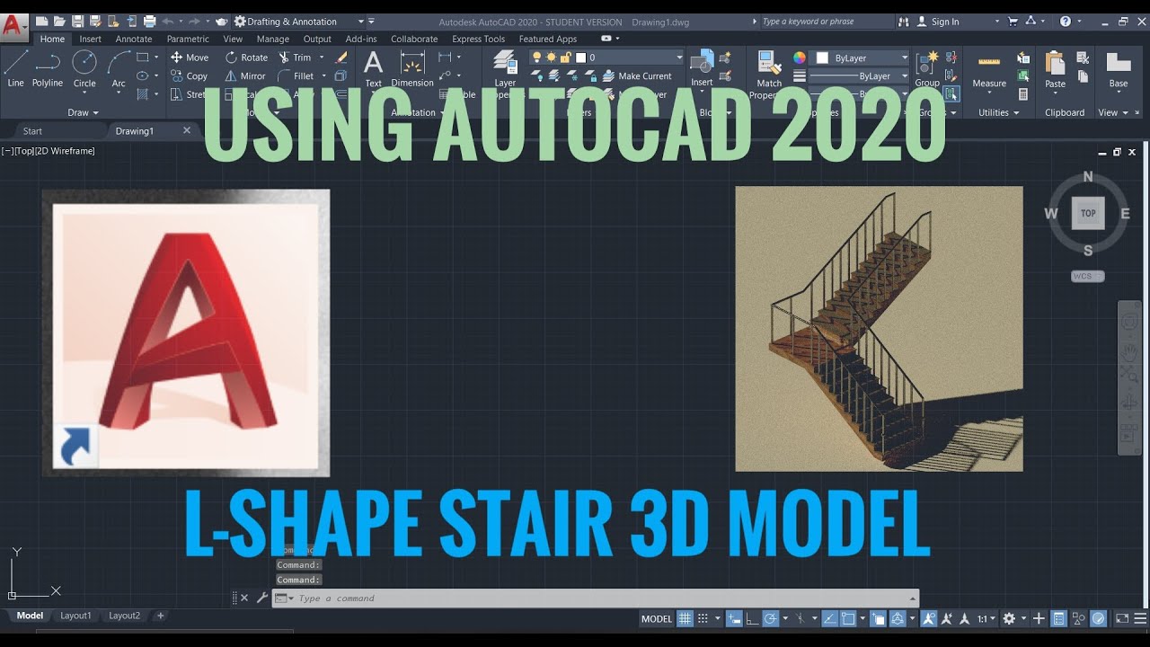 MAKING OF L-SHAPE STAIR CASE 3D MODEL AND RENDERING MODEL USING AUTOCAD 2020.