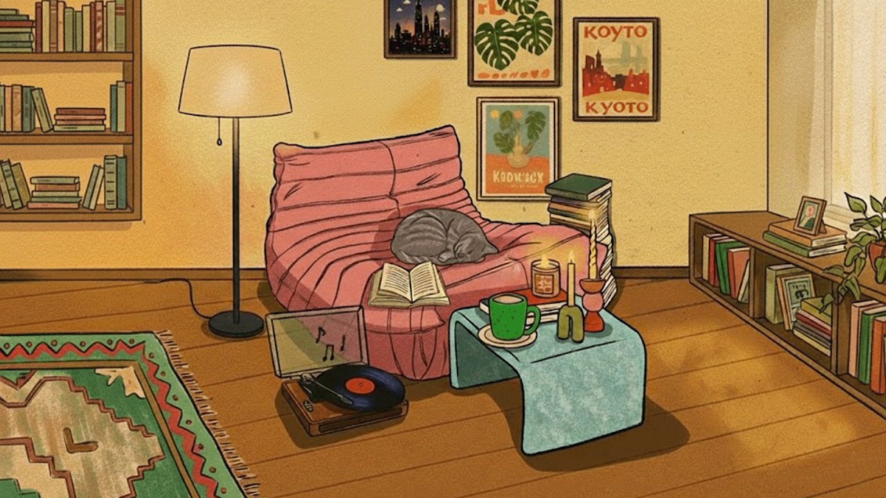 soft old jazz beside a spinning vinyl and a sleeping cat(jazz house for reading, relaxing)