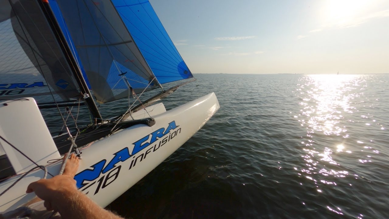 Solo Sailing F18 Catamaran to Sunset