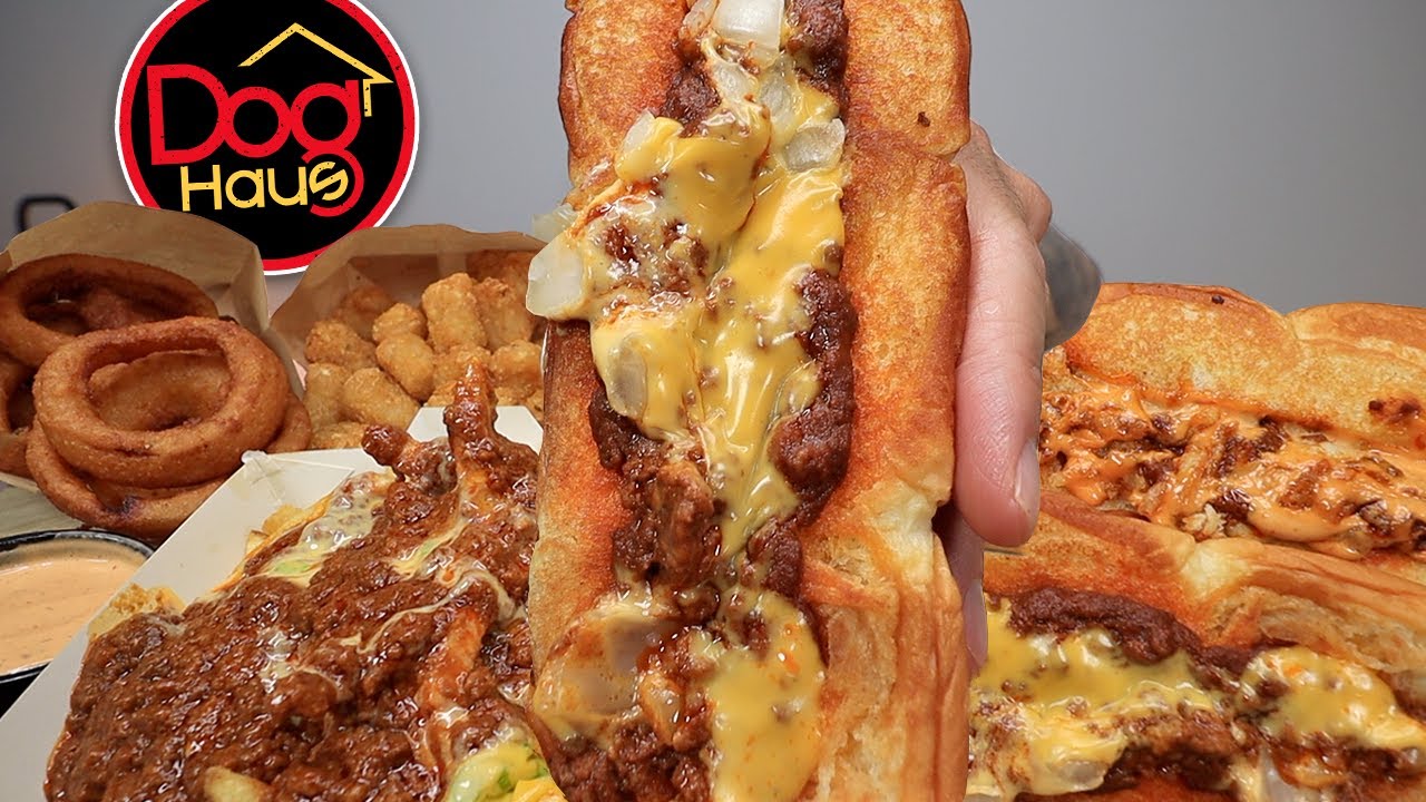 MUKBANG EATING DOGHAUS EXTRA CHILLI CHEESE DOGS, CHILLI CHEESE FRIES, CRISPY ONION RINGS ASMR