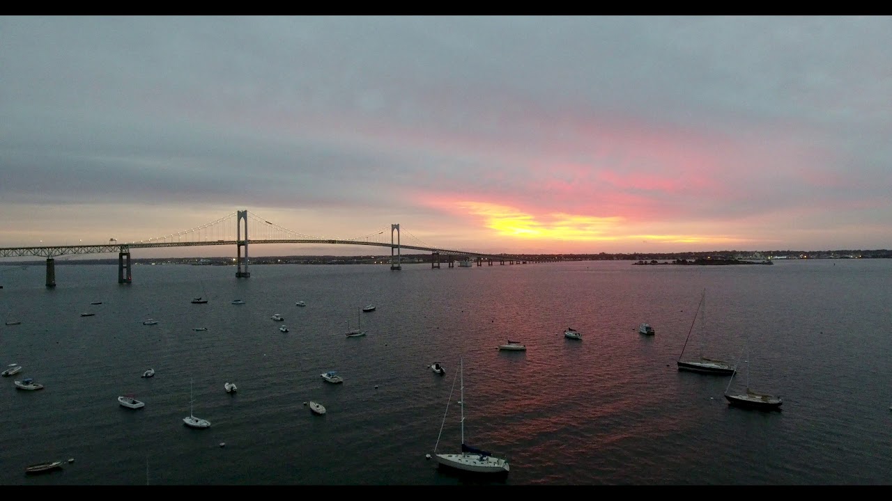 4K Drone Ocean Sunrise Relaxation Nature Ambient Music Newport Bridge Jamestown Rhode Island 2018