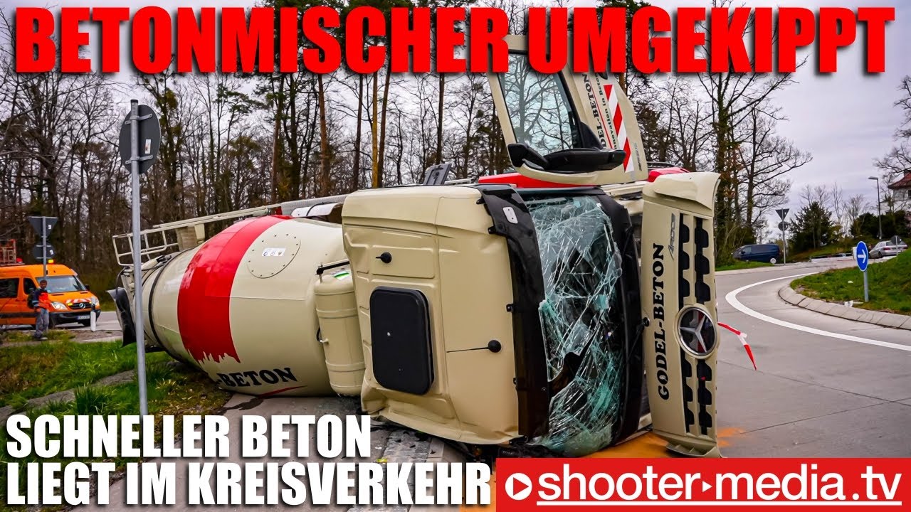 🚒  Beladener Betonmischer im Kreisverkehr umgekippt  🚒 | 🚑  Fahrer verletzt  🚑