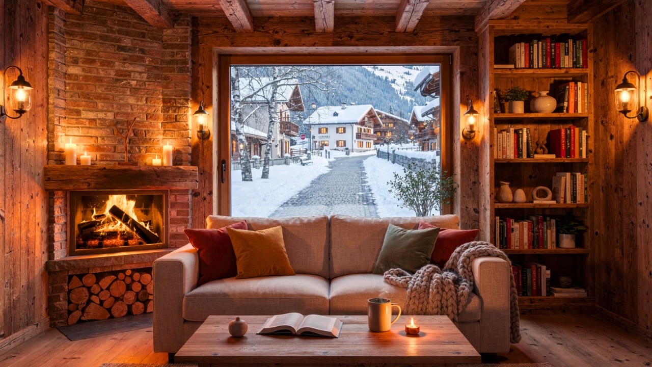 Quite March Snowy Café Ambience ☕❄️ Gentle Jazz Piano & Fireplace Sounds for Work, Reading