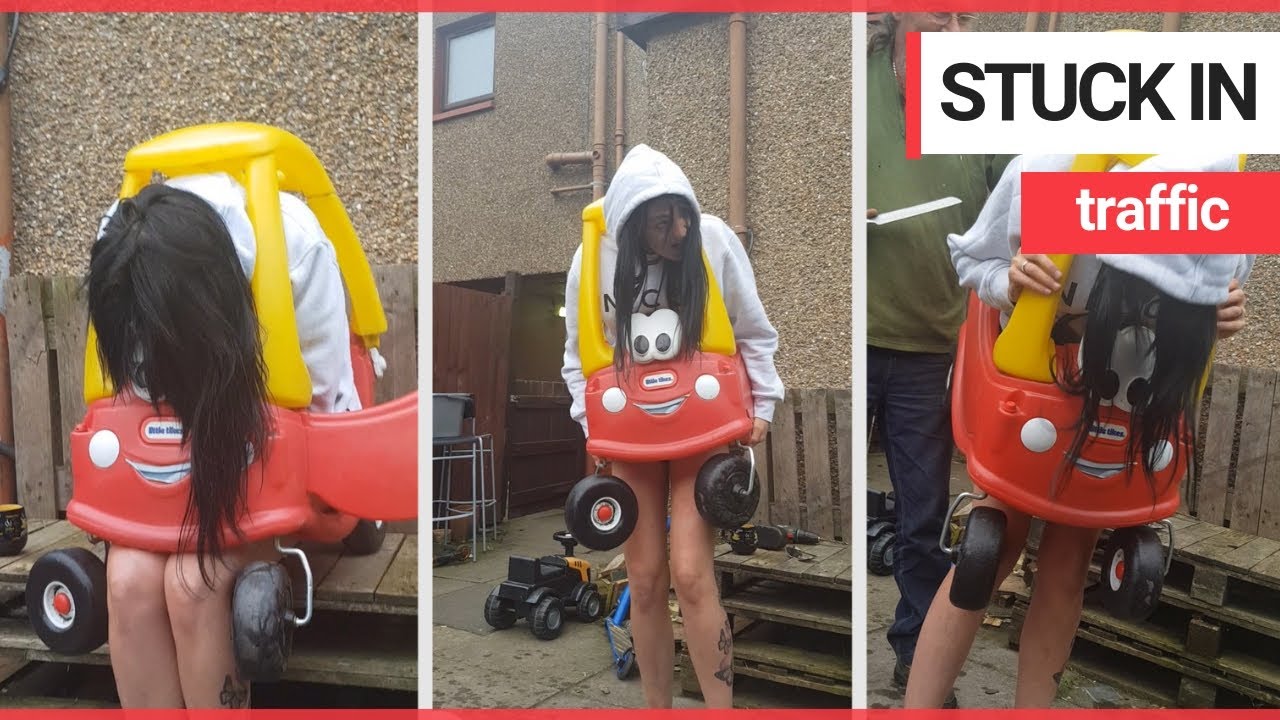 Hilarious moment a woman got stuck in a children's toy car | SWNS TV