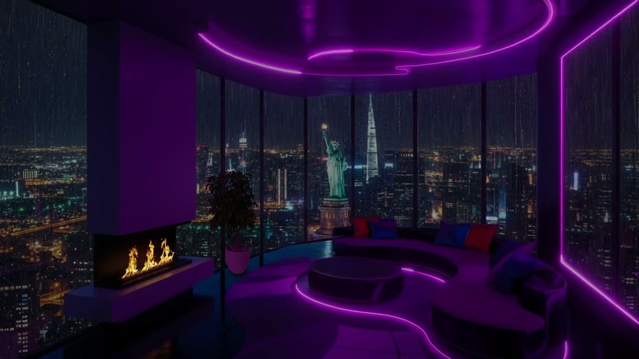 🌧️High-Rise Apartment to a Cozy Living Room: Heavy Rain on Window & Crackling Fire for Ultimate Calm